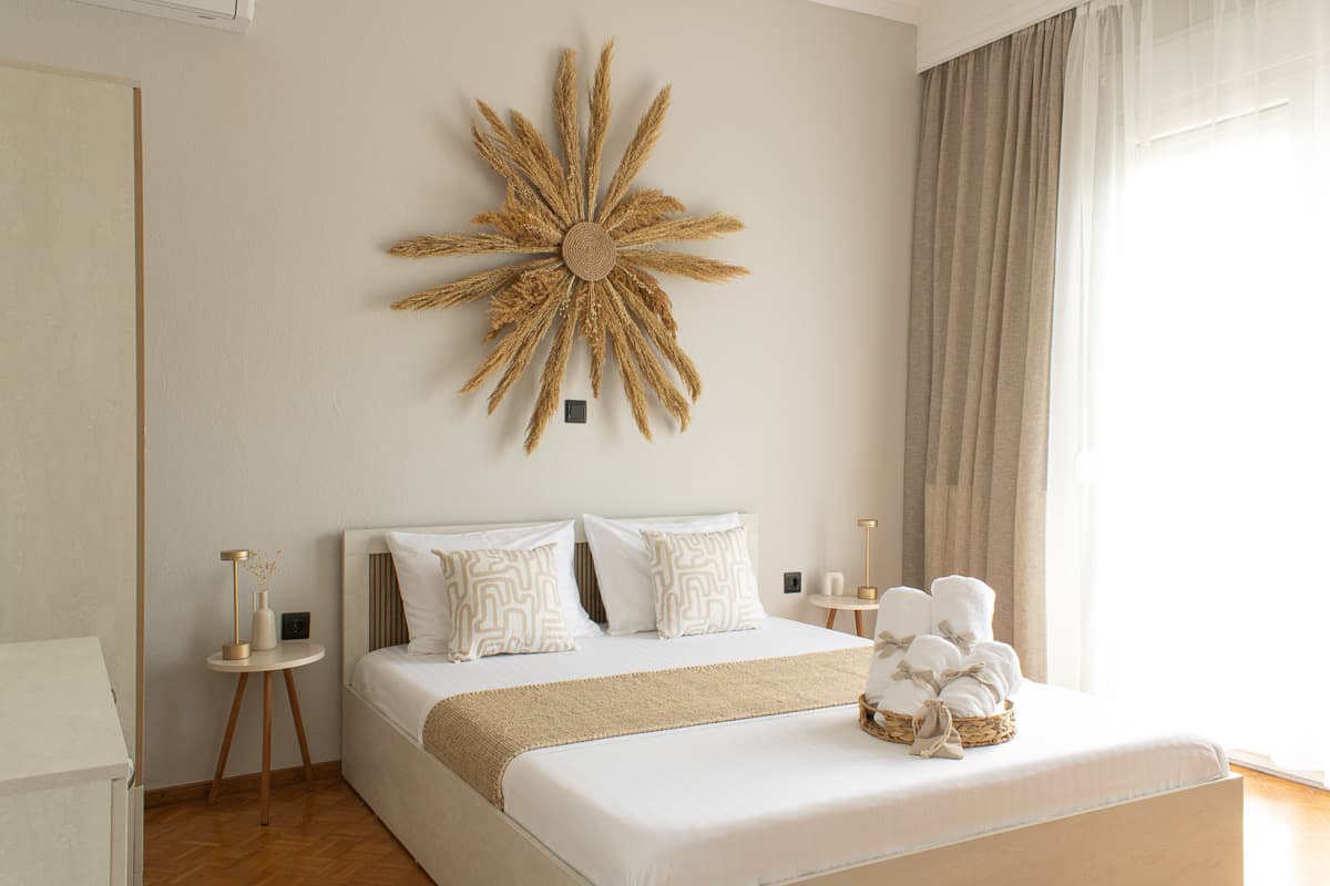 Bright boho bedroom in Kavala family-friendly apartment near Thasos