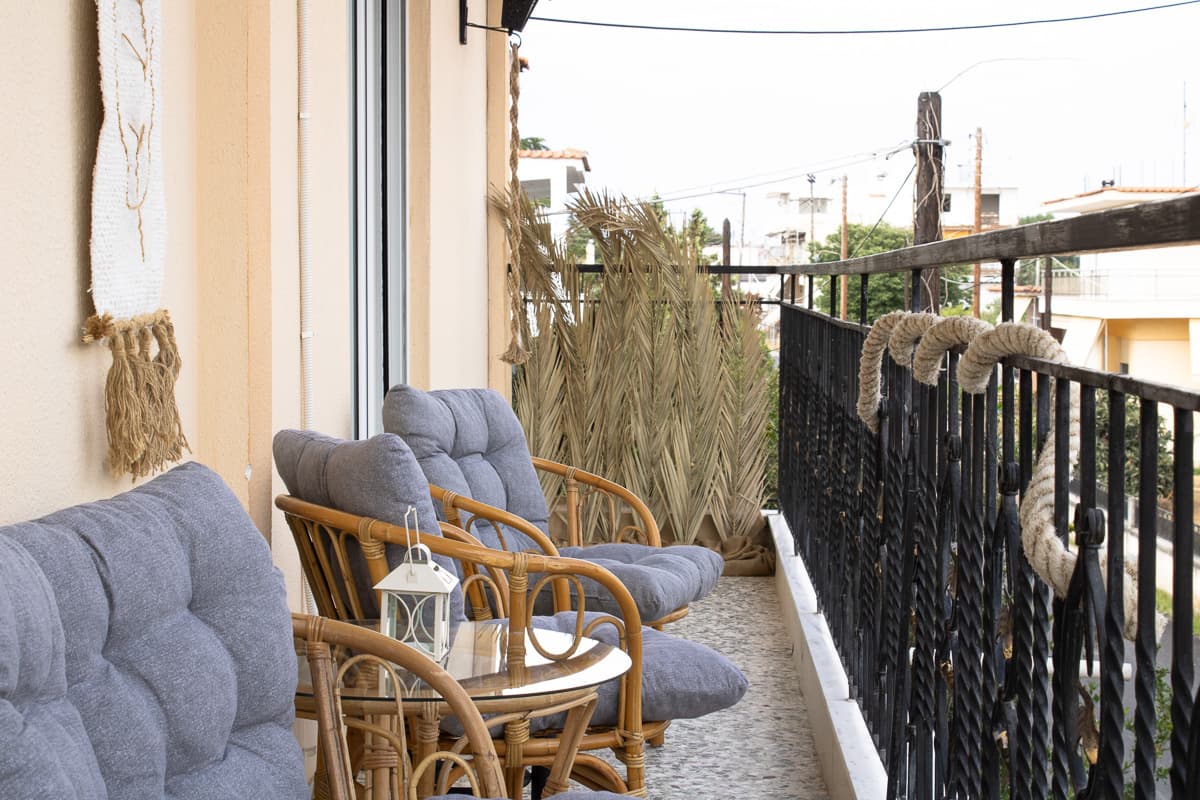 Boho style balcony in family friendly holiday home near Xanthi