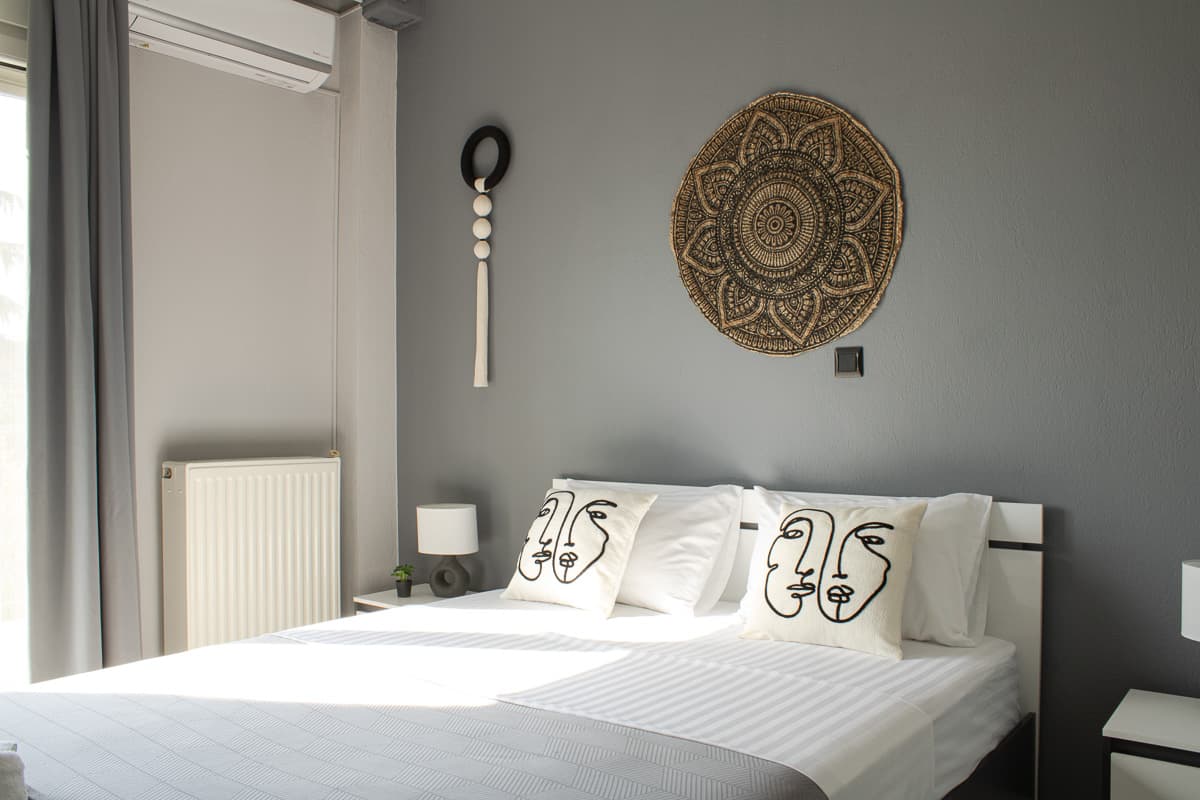 Stylish boho bedroom in family friendly stay near Xanthi