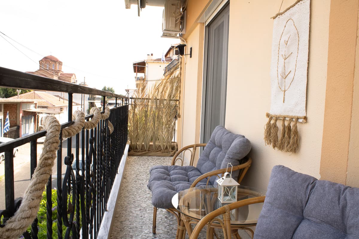 Relaxing outdoor balcony space in Kavala coastal accommodation